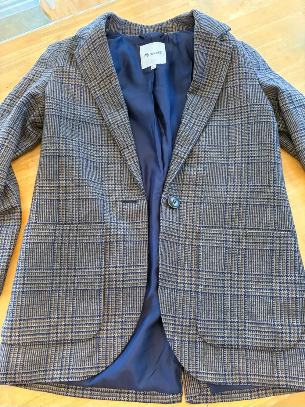 Madewell Plaid Blazer Women’s XS Navy Olive Tan Menswear Style One Button